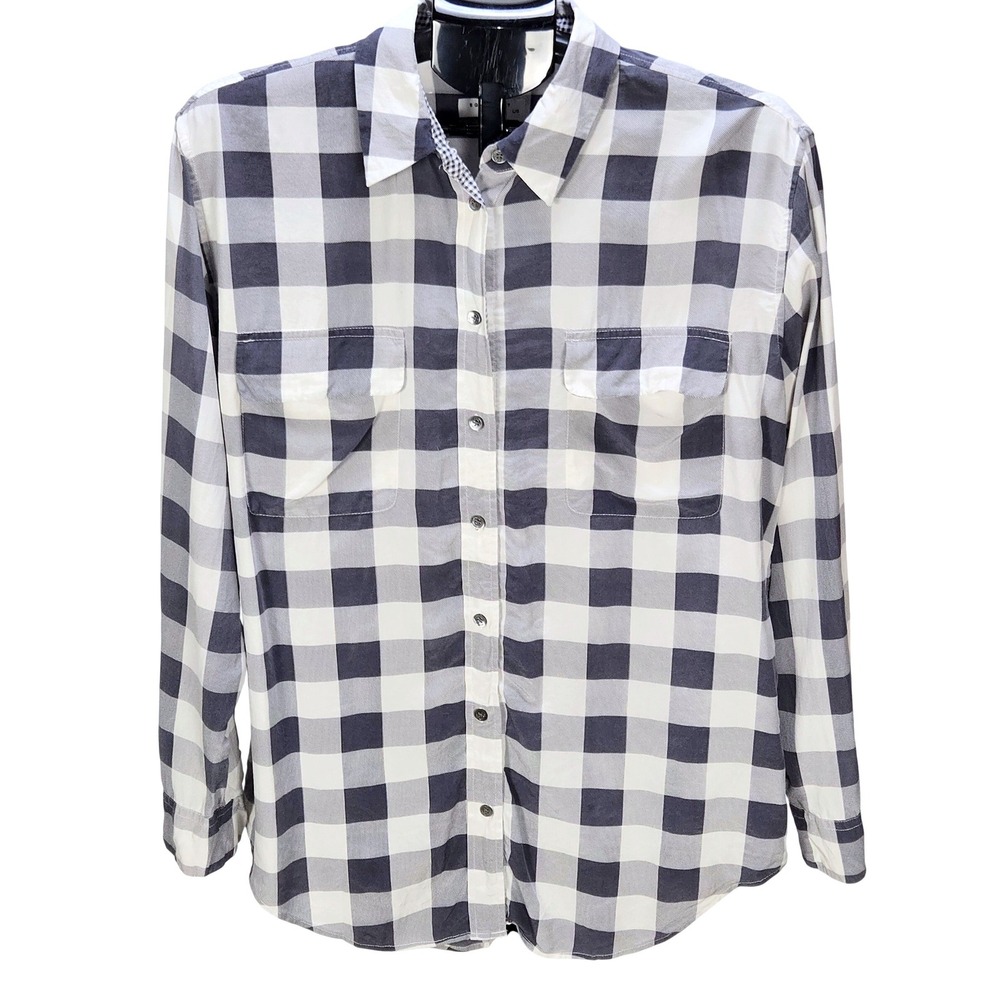 Women's Equipment Femme Large 100% Silk Navy Buffalo Check Button Down Blouse